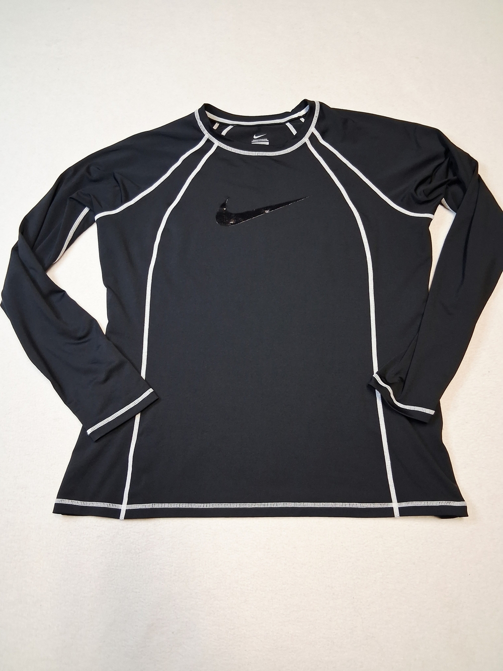 Nike Black Long-Sleeve Athletic Rash Guard with White Piping